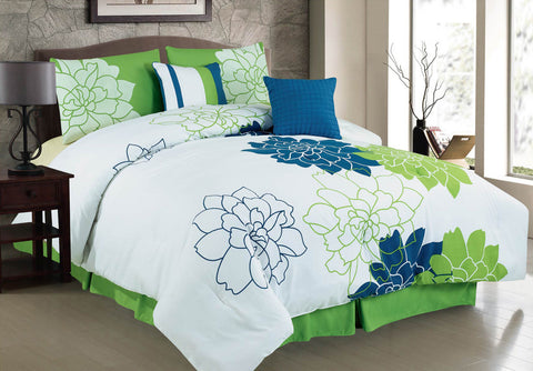 6 pc Luxury Comforter set with Flower Embroidery Details, Blue and Green Hues