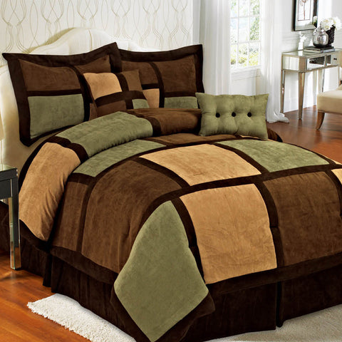 6 pc Patchwork Sage and Brown Comforter Set