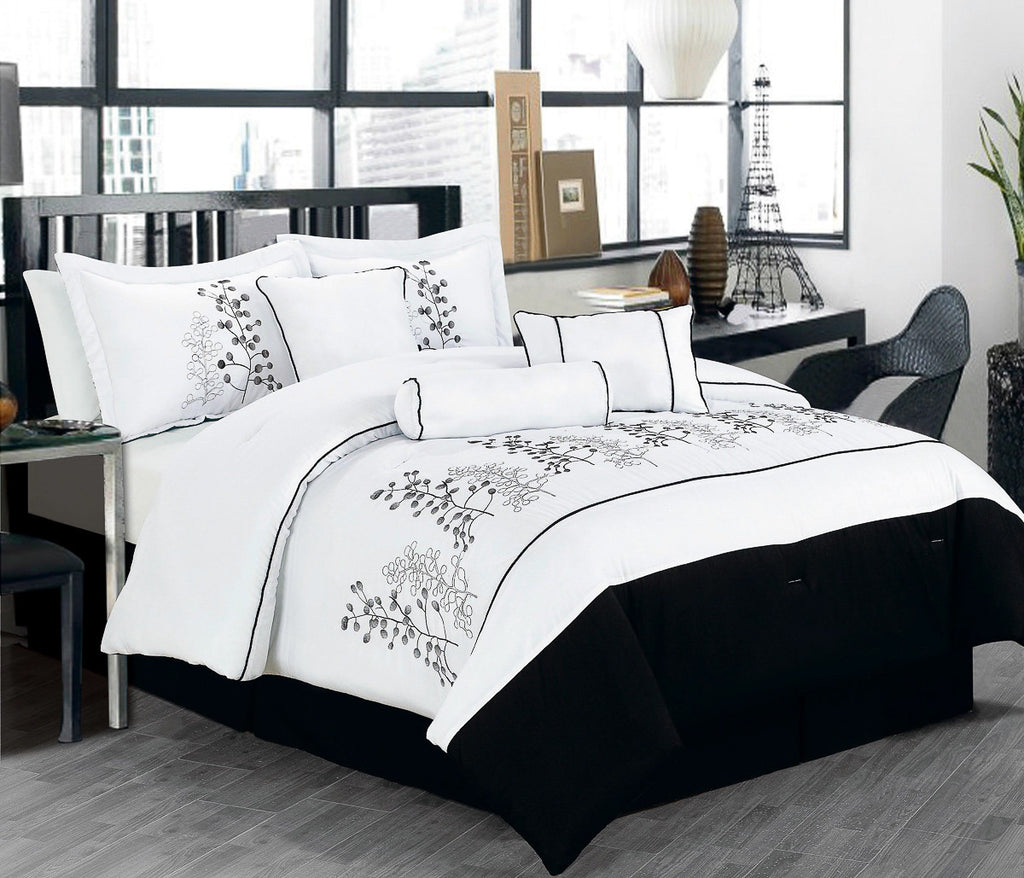 7 pc White Contemporary Comforter Set with Floral Embroidery