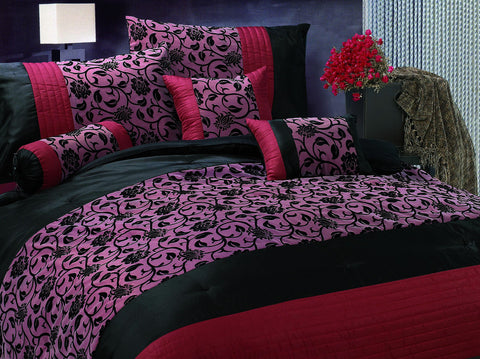 7 pc Luxury Burgundy Comforter Set with Floral Design Detail