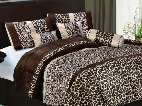 7 pc Micro Fur Safari, Zebra and Giraffe Print luxurious Comforter Set