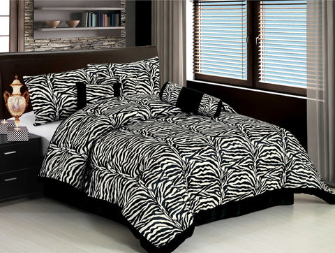 7 pc Micro Fur Black Zebra Design Comforter Set