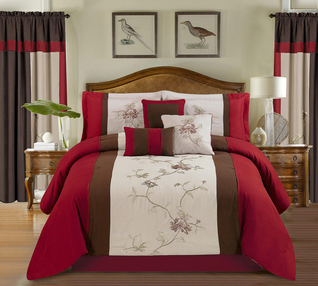 7 pc Luxury Floral Embroidery Design Burgundy Comforter Set