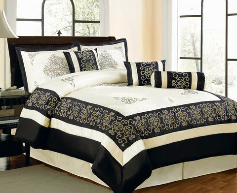 7 pc Flocking Royal Black and Ivory Floral Comforter Set