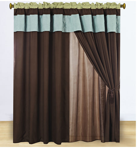 4 pc Coffee and Aqua Modern Curtain Set