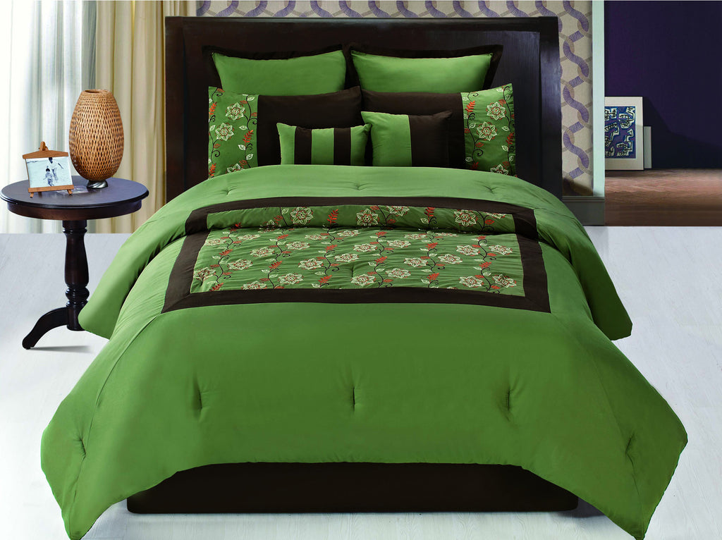 7 pc Sage Comforter Bedding Set with Floral Embroidery Details