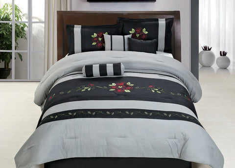 7 pc Grey Comforter Bedding Set with Floral Embroidery Details