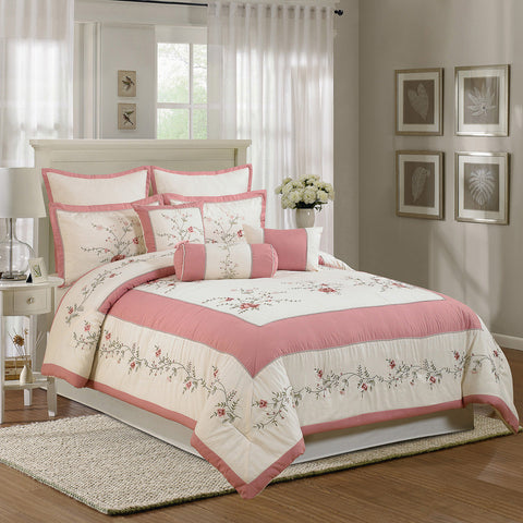 7 pc Floral Embroidery Design Comforter Set, Color Pink