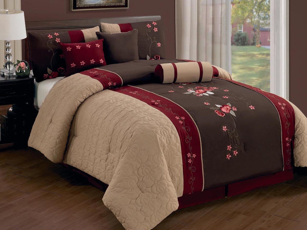 7 pc Quilted Comforter Set with Floral Embroidery Details, Color Coffee