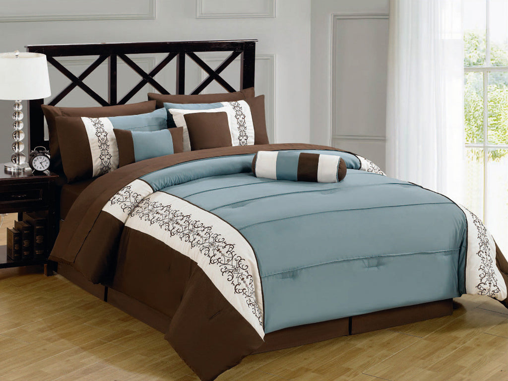 7 pc Blue and Brown Comforter Set with Embroidery Design Details