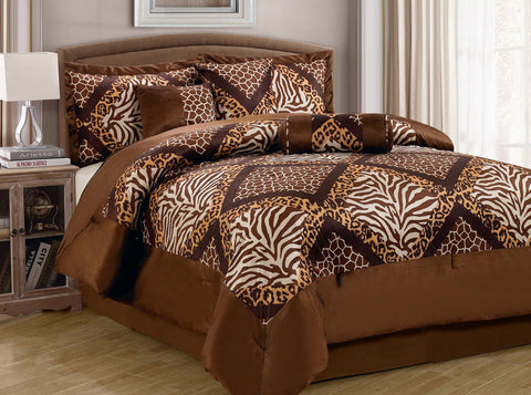 7 pc Safari Print Micro Fur Brown Comforter Set