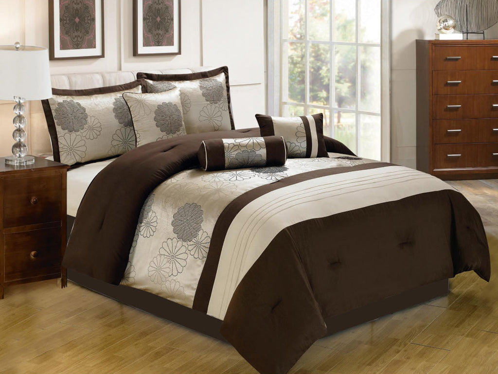 7 pc Comforter Set Brown with Floral Embroidery Details