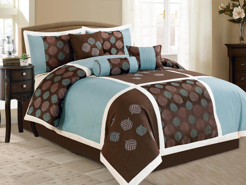 7 pc Comforter Set, Blue and Brown with Leaf Pattern Design