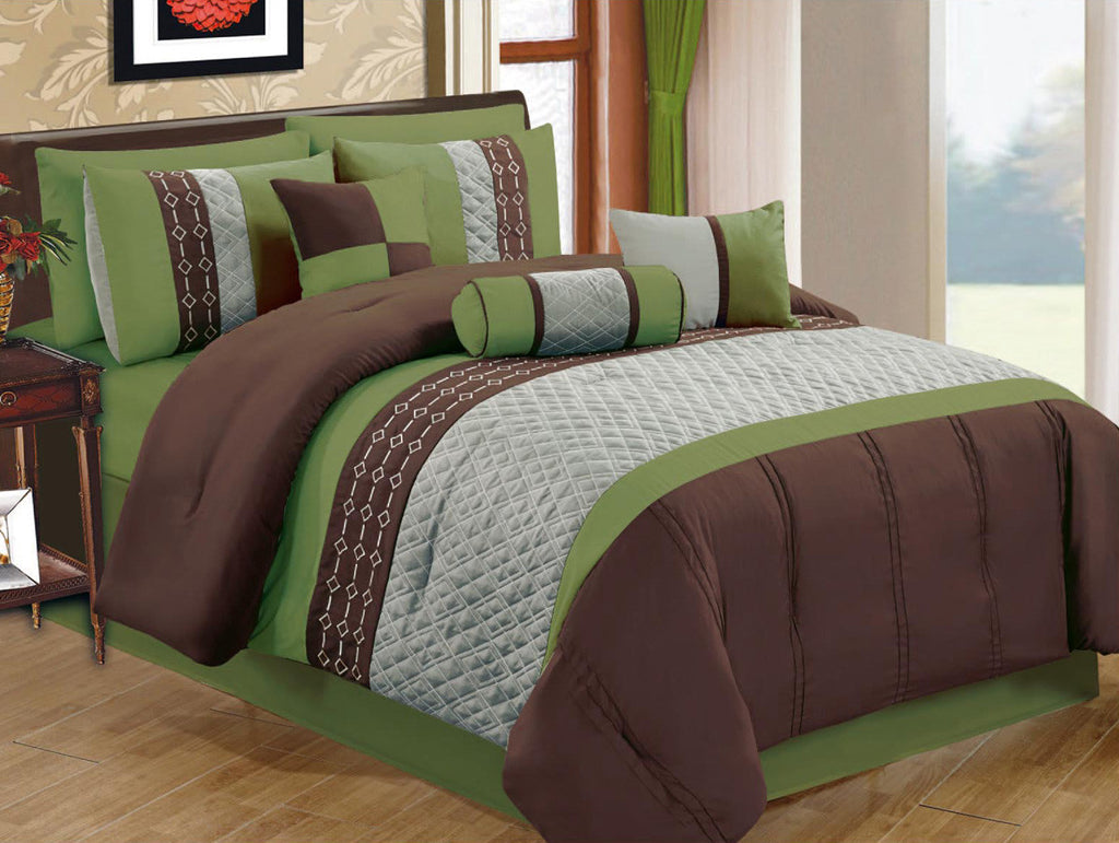 7 pc Dark Green and Brown Contemporary Design Comforter Set