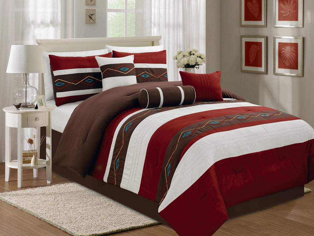 7 pc Modern Design Burgundy and Brown Comforter Set with Embroidery Zig-Zag Details