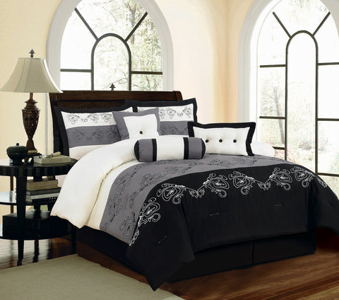 7 pc Damask Patern Details Black and Grey Luxury Comforter Set Size King