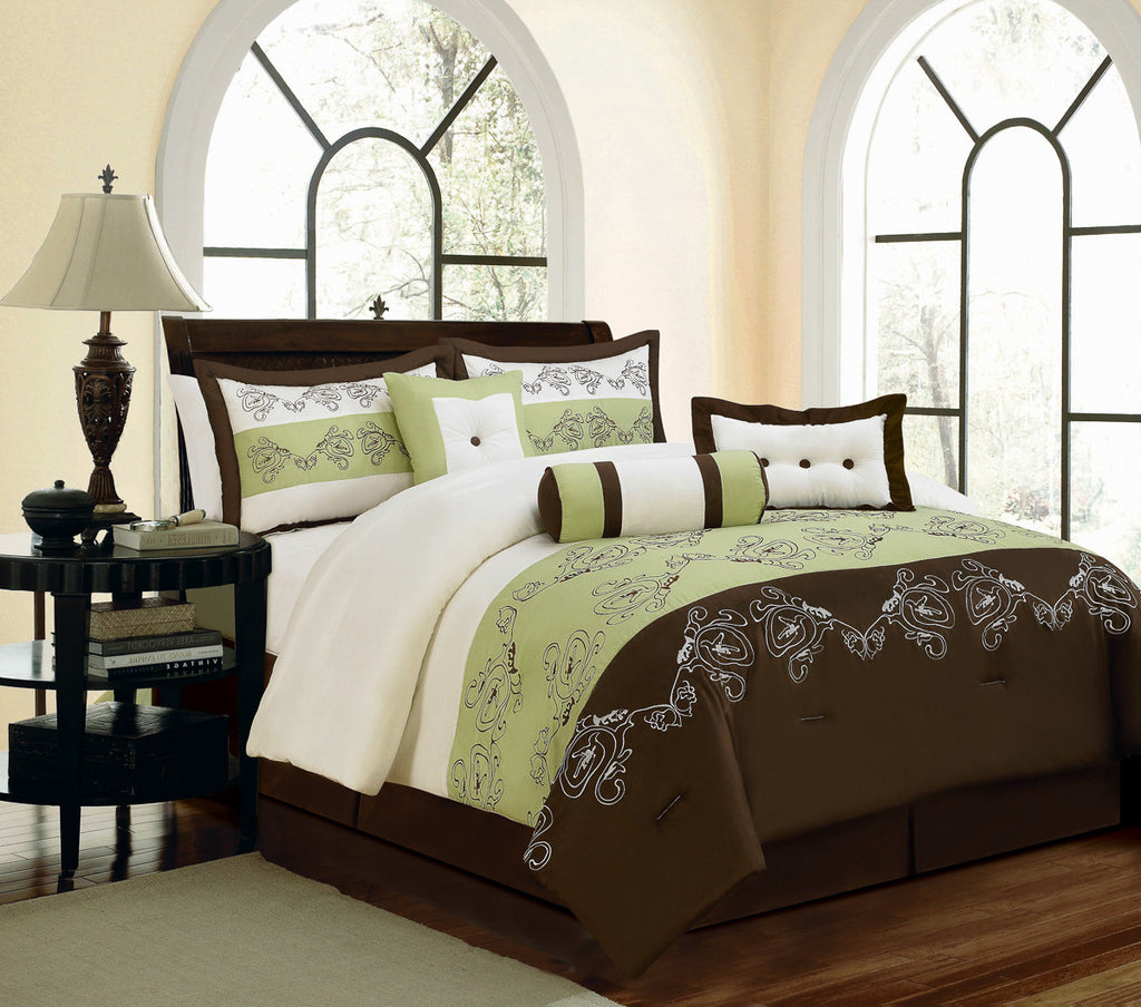 7 pc Sage and Coffee Comforter Set with Decorative Design