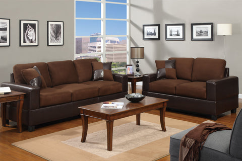 2 pc Microfiber Faux Leather Sofa and Love Seat with Accent Pillows- Chocolate