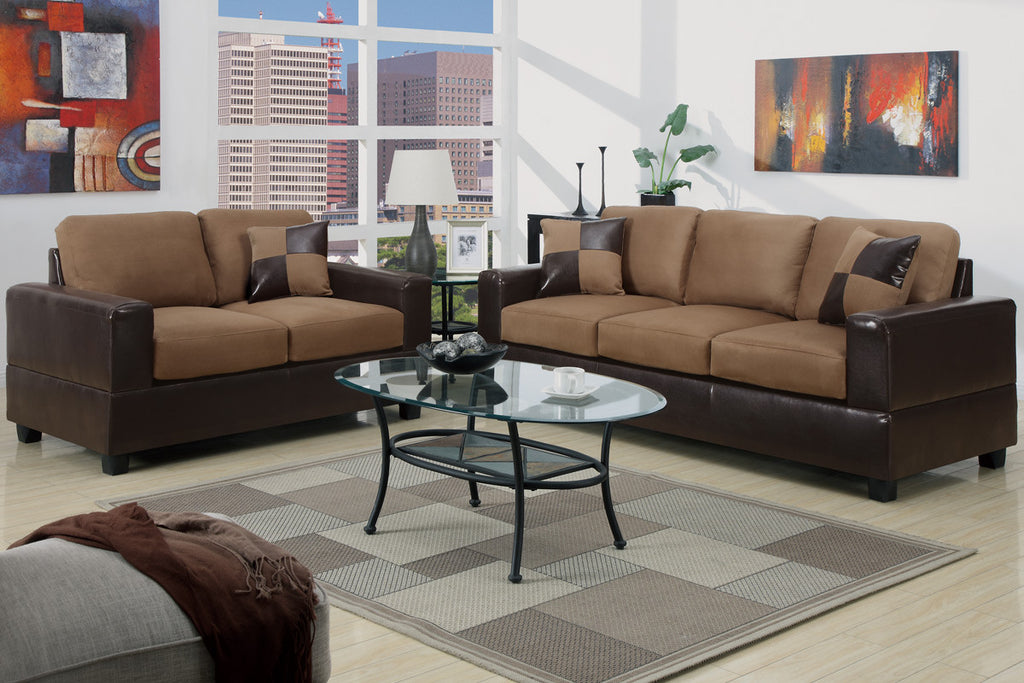 2 pc Microfiber Faux Leather Sofa and Love Seat with Accent Pillows Chocolate