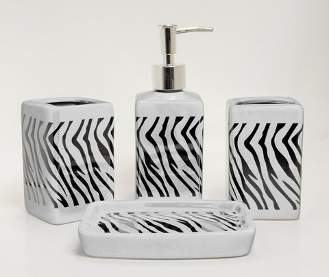 4 pc Zebra Print Ceramic Bahtroom Set