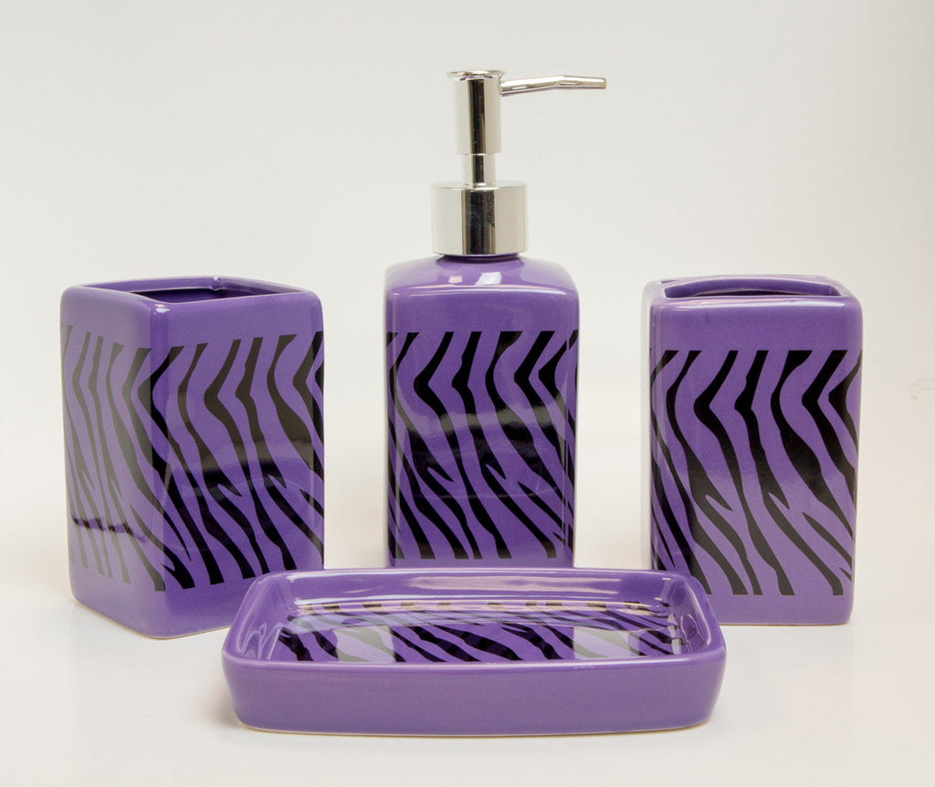 4 pc Purple Zebra Print Ceramic Bahtroom Set