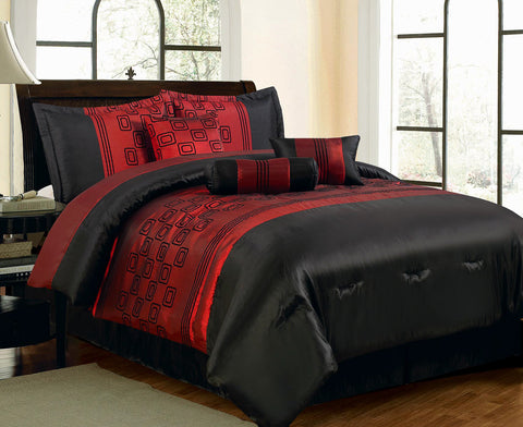 7 pc Luxury Burgundy Comforter Set with Geometric Design