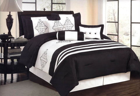 7 pc White and Black Comforter Set with Embroidery Damask Details