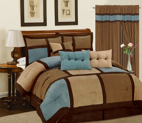 7 pc Modern Aqua and Brown Micro Suede Patchwork Luxury Comforter Set