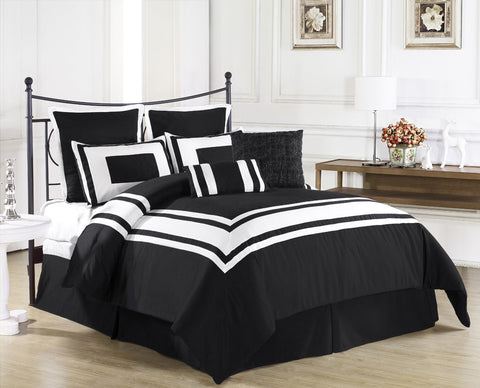 8 pc Modern Black and White Cozy Comforter Set with Stripped Borde Details