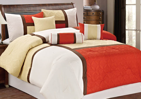 7 pc Color Brick and Ivory Luxury Patchwork Quilted Comforter Set