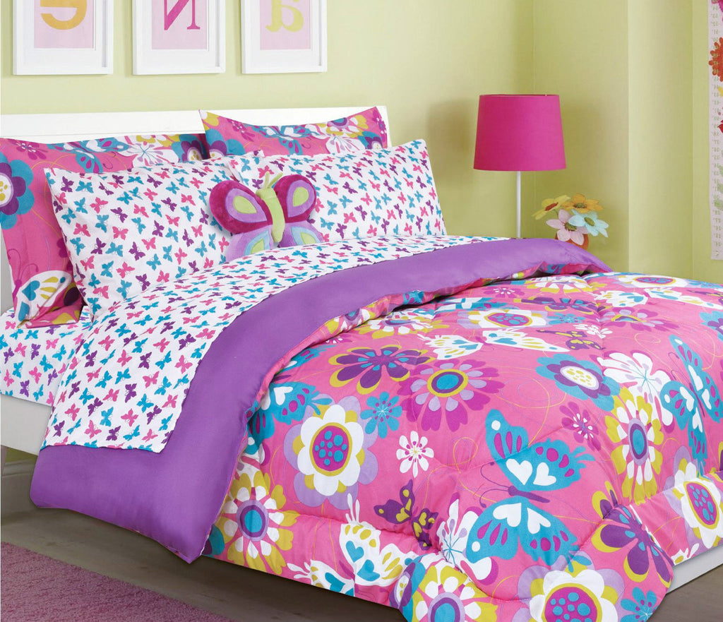 6 pc Kid's Butterfly Print Comforter Set with Toy