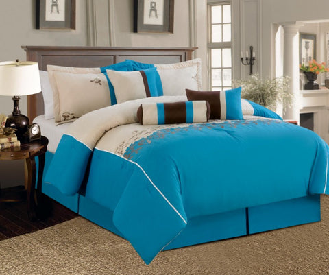 7 pc Modern Luxury Blue Comforter Set with Leaf Embroidery Design