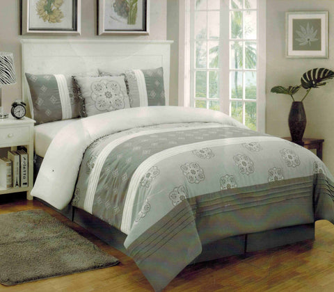 5 pc Grey Comforter Set with Flower Design Accents