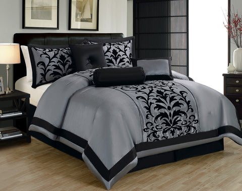 7 pc Faux Silk Flocking Grey Damask Detailed Comforter Set