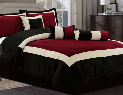 7 pc Modern Design Burgundy and Black Cozy Comforter Set, Size CalKing