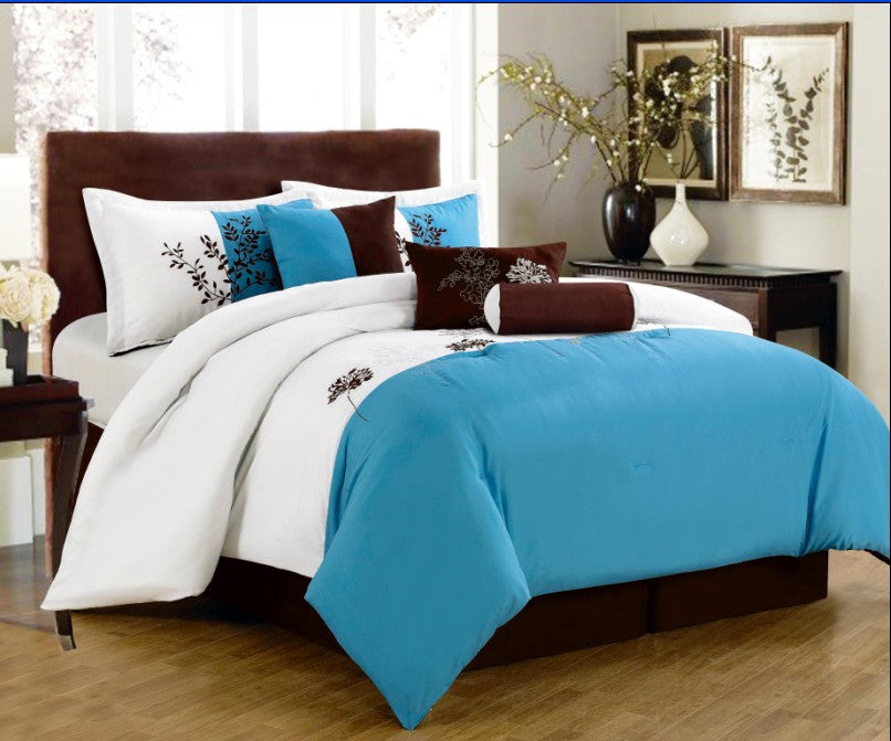 7 pc Modern Design Comforter Set with Decorative Leaf Embroidery