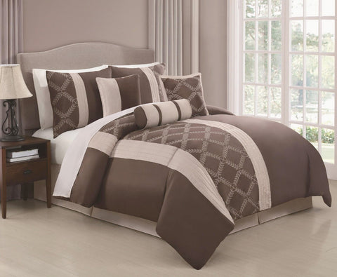 7 pc Brown Comforter Set with Lead Pattern Design Details