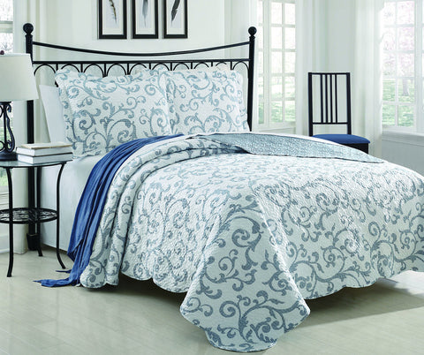 3 pc Quilt Set with Blue Damask Decorative Design