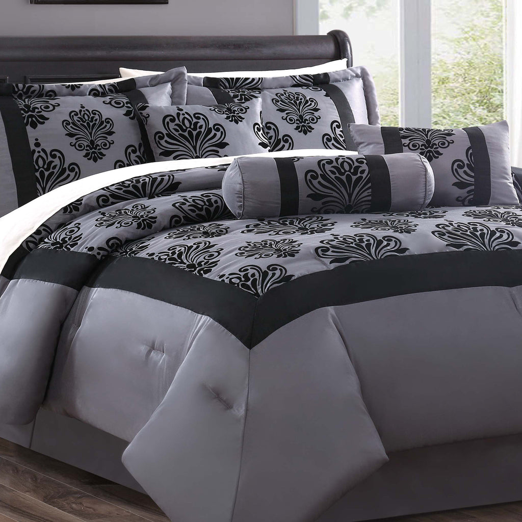 7 pc Grey and Black Damask Design Luxury Comforter Set