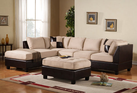 3 pc Modern Microfiber Faux Leather Sectional Sofa Chaise and Ottoman - Beige