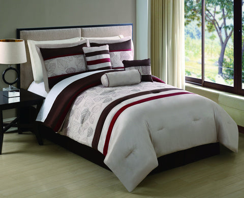 7 pc Tan Comforter Set with Embroidery Lead Pattern