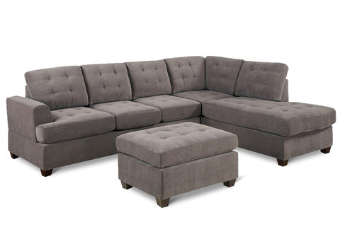 3 pc Modern Microfiber Faux Leather Sectional Sofa Chaise and Ottoman - Grey